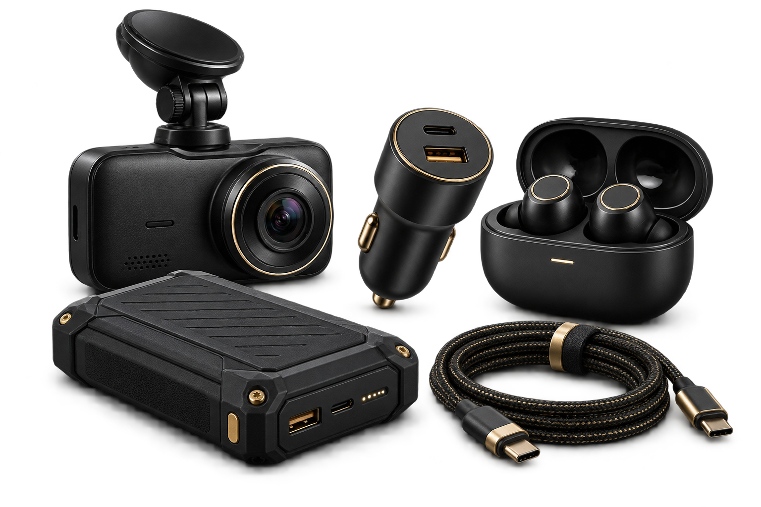 Cameră auto, încărcător, căști, acumulator extern și cablu USB-C